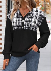 Black Button Plaid Long Sleeve Split Neck Sweatshirt | thumb picture 