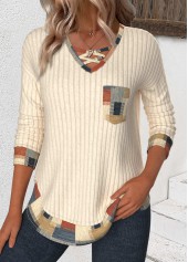 Beige Patchwork Geometric Print Long Sleeve T Shirt