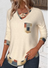 Beige Patchwork Geometric Print Long Sleeve T Shirt | thumb picture 