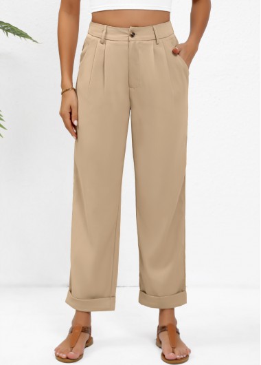 women clothes image of Light Camel Button Straight Leg High Waisted Pants