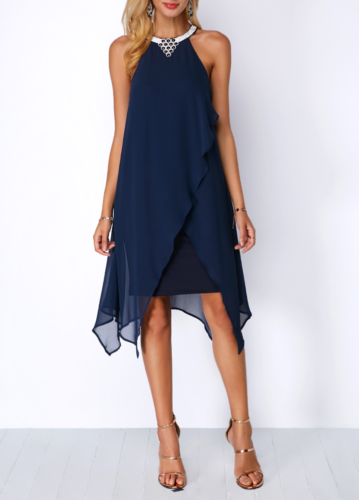 Embellished Neck Asymmetric Hem Chiffon Overlay Dress | picture 