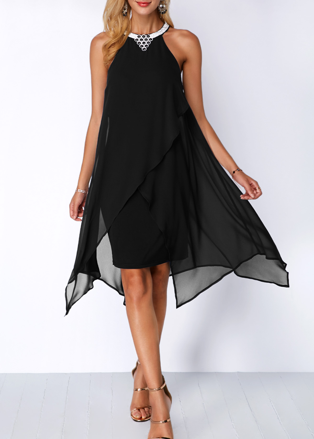 Embellished Neck Asymmetric Hem Black Chiffon Dress | picture 