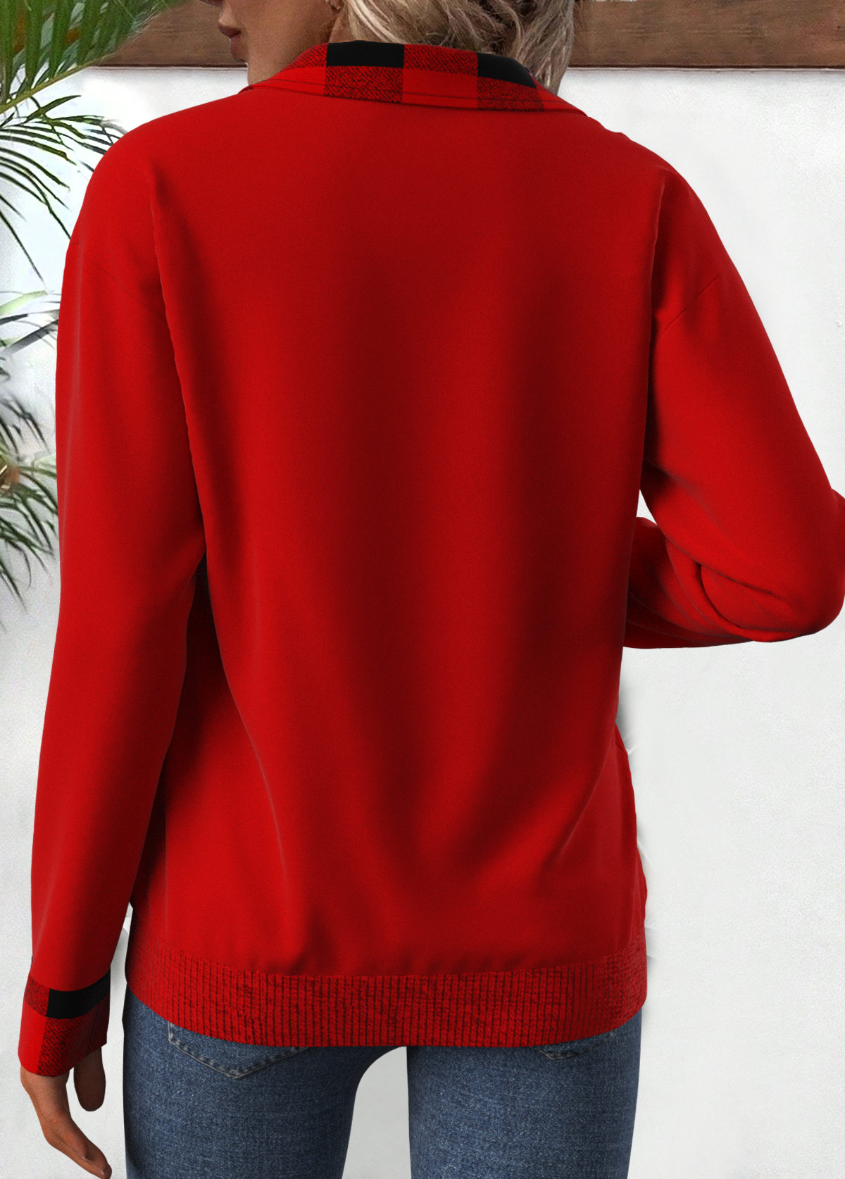 Red Patchwork Plaid Long Sleeve Turn Down Collar Sweatshirt | picture 