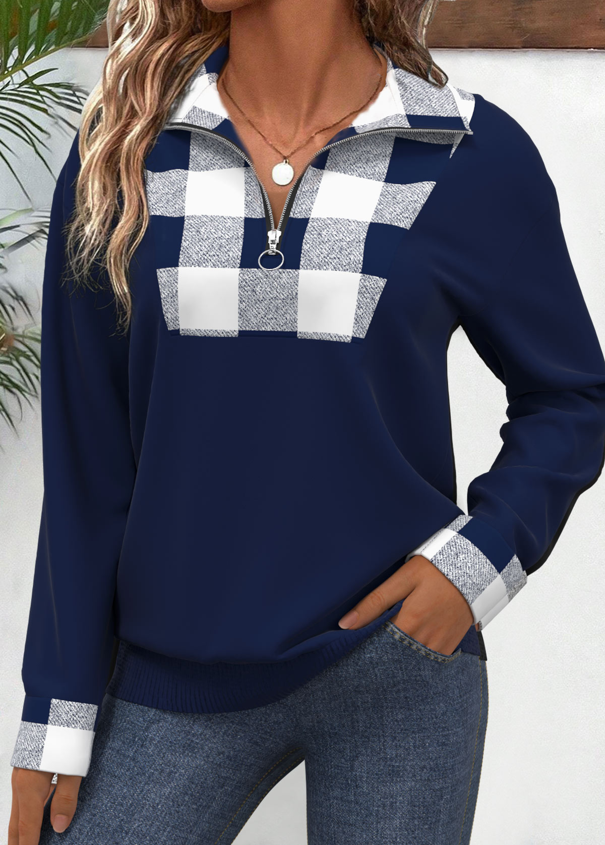 Plus Size Navy Patchwork Plaid Long Sleeve Sweatshirt | picture 