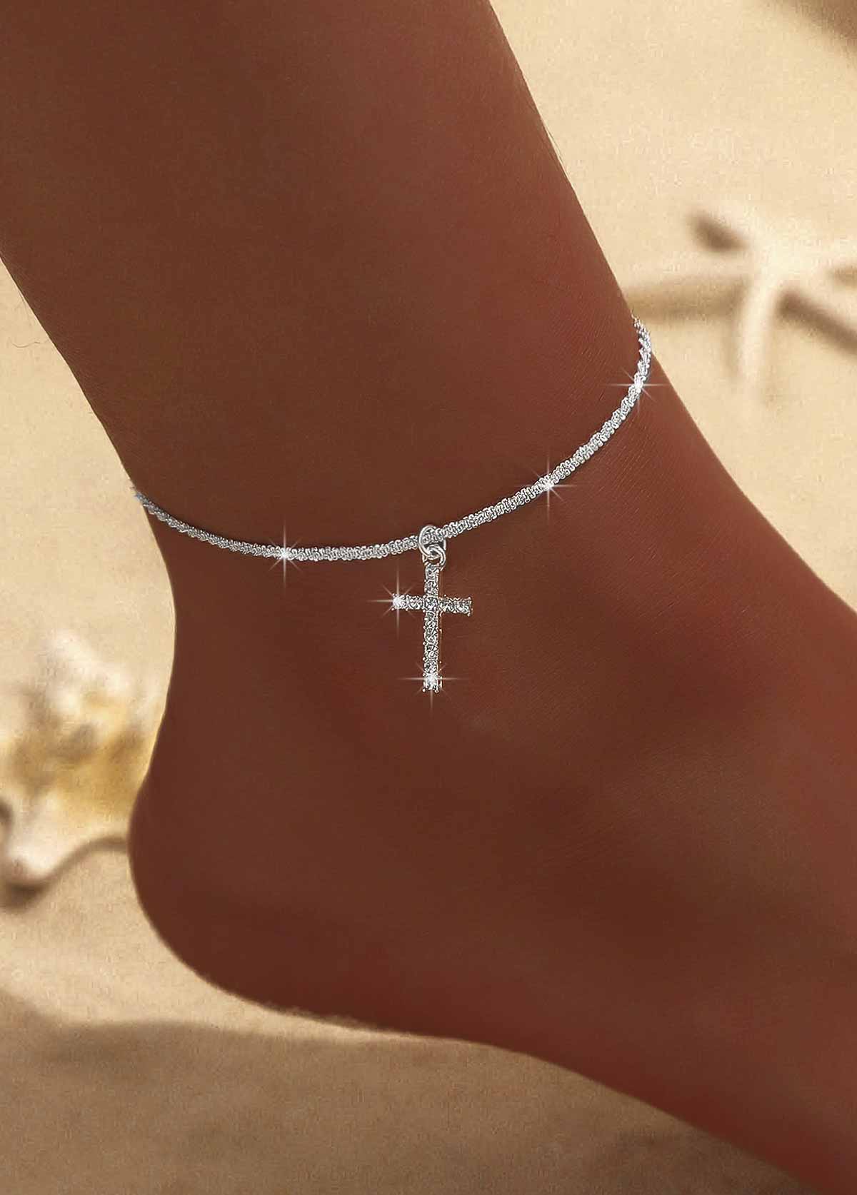 Silvery White Cross Alloy Rhinestone Anklet | picture 