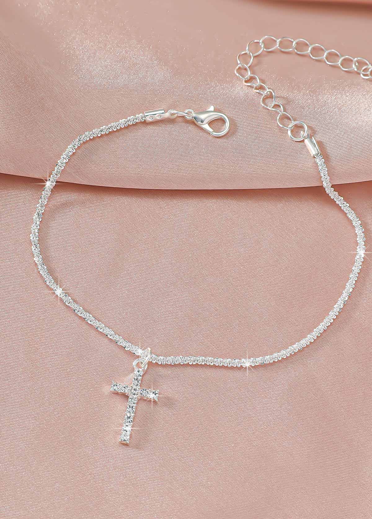 Silvery White Cross Alloy Rhinestone Anklet | picture 