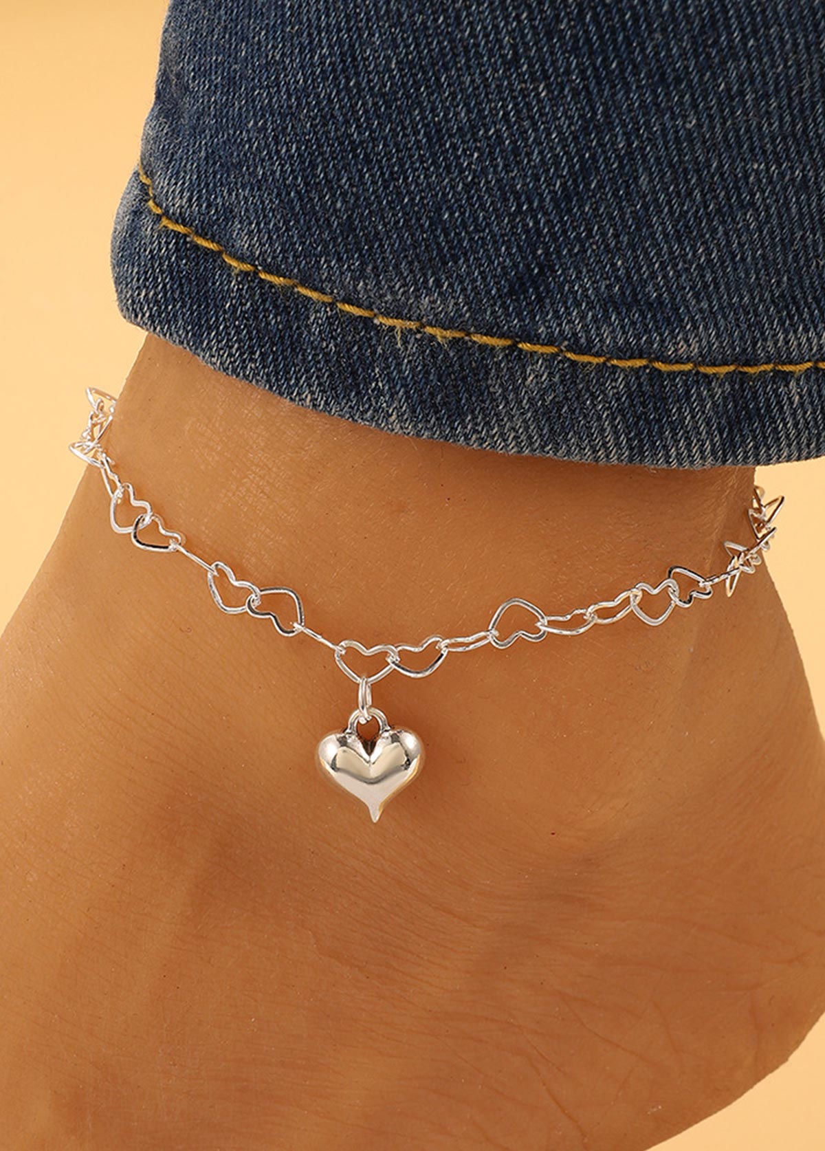 Silvery White Geometric Heart Alloy Anklet | picture 