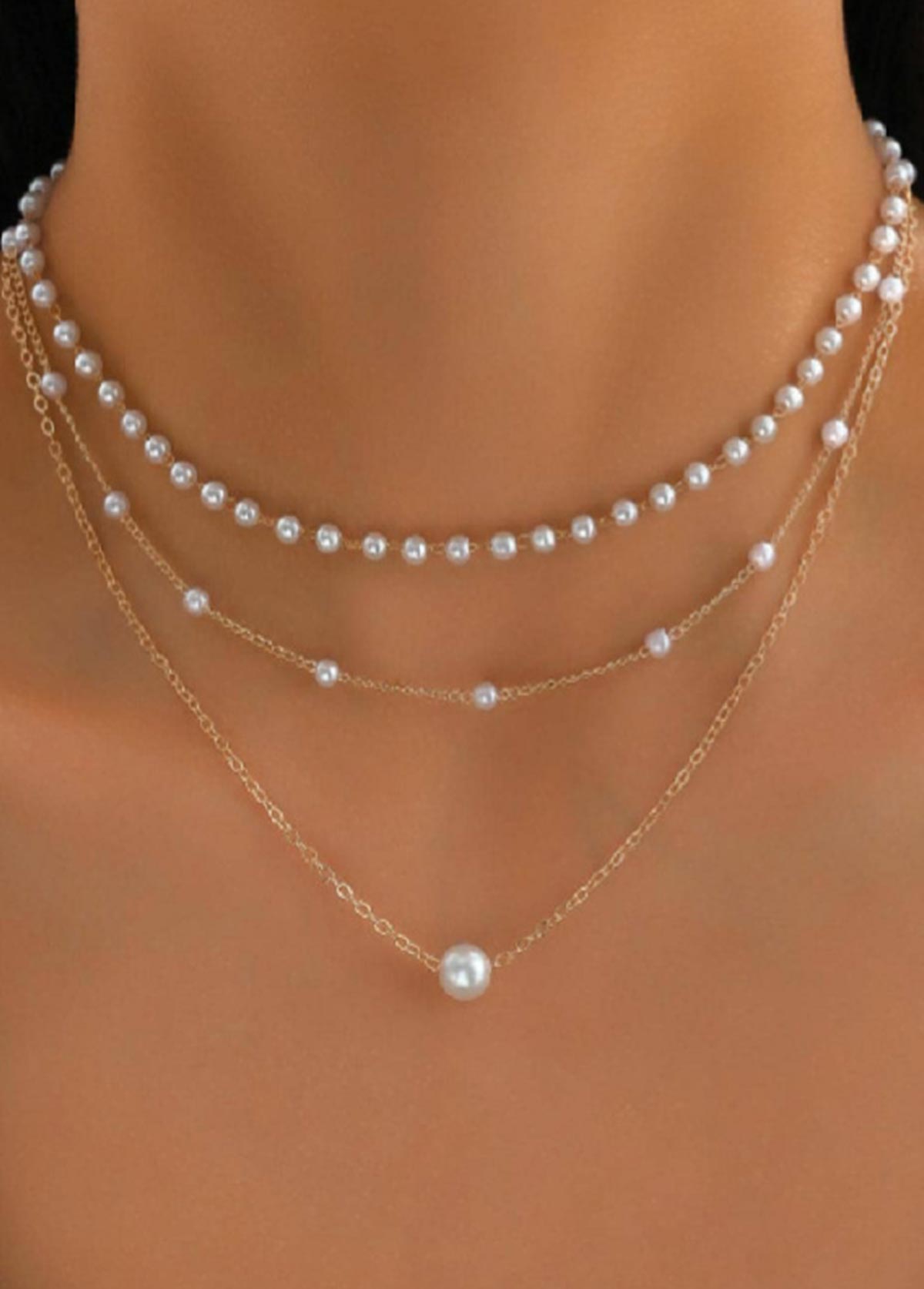 Silvery White Pearl Layered Alloy Necklace | picture 