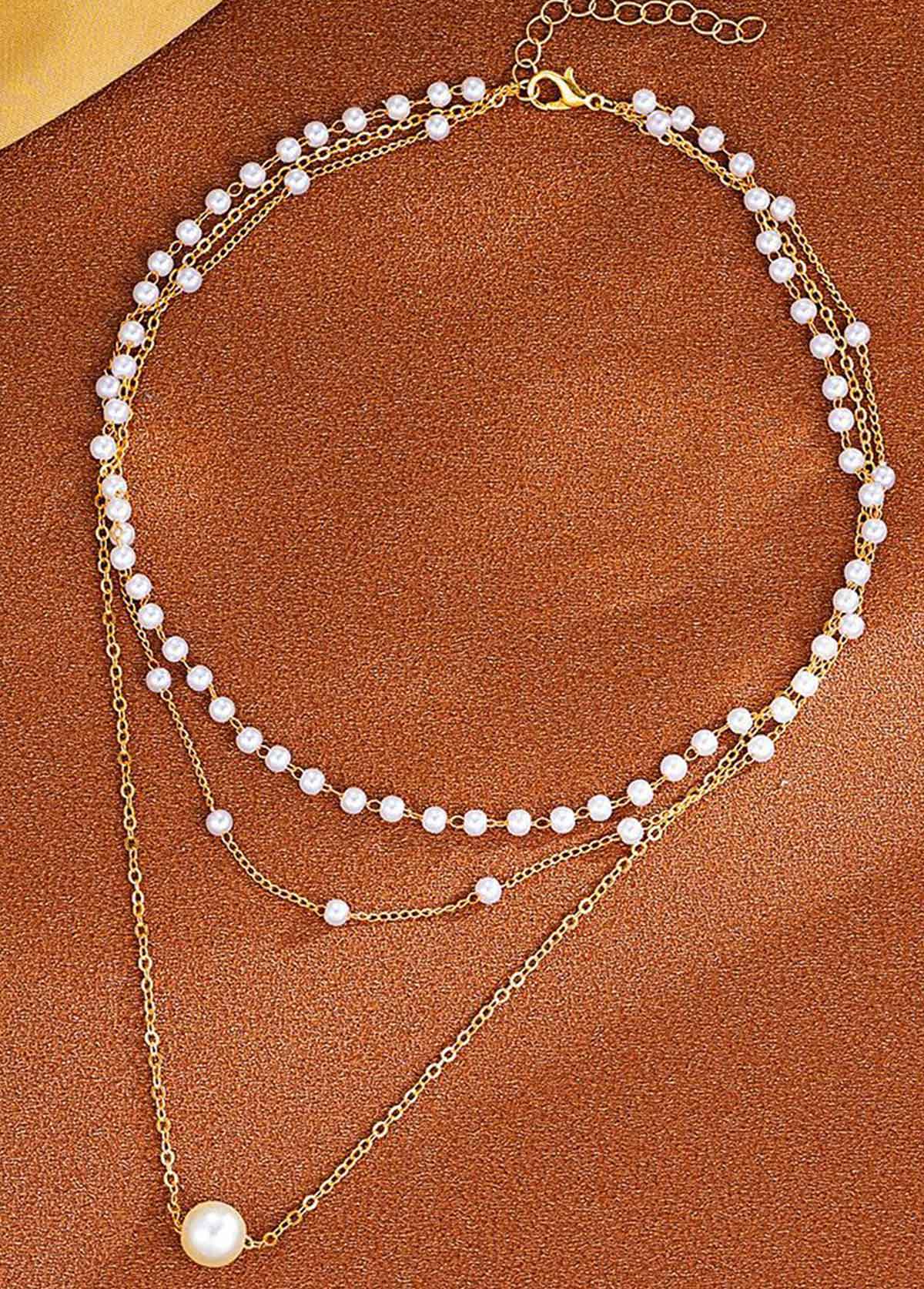 Silvery White Pearl Layered Alloy Necklace | picture 