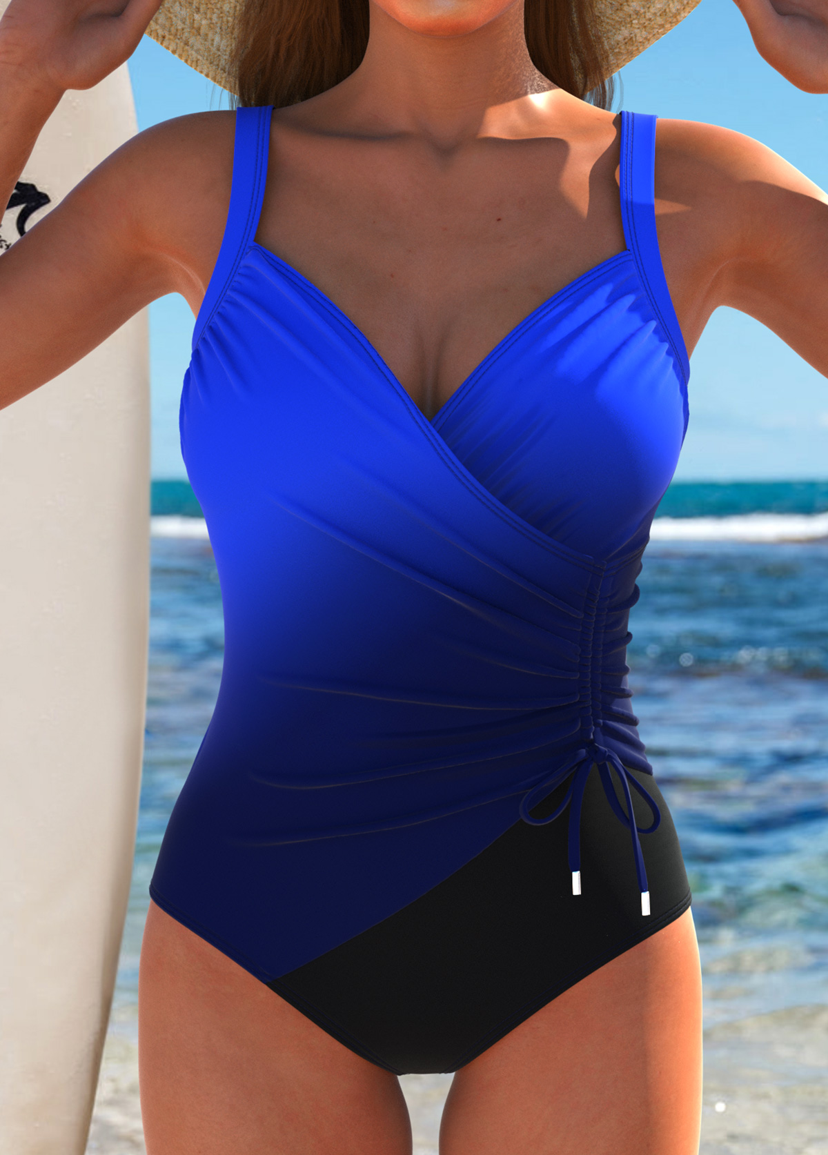 Royal Blue Ombre Drawstring Tummy Control One Piece Swimwear