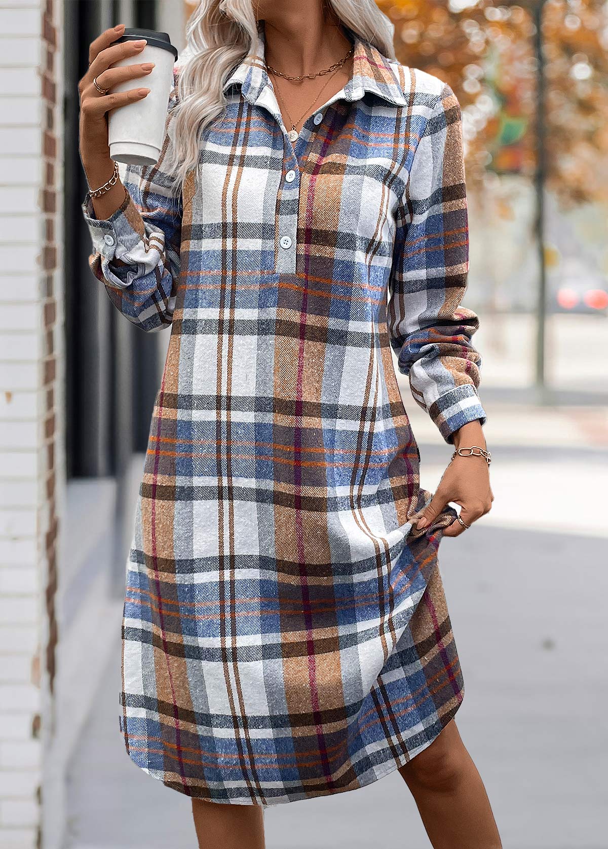 Modlily Multi Color Tummy Coverage Plaid Long Sleeve Dress - XL