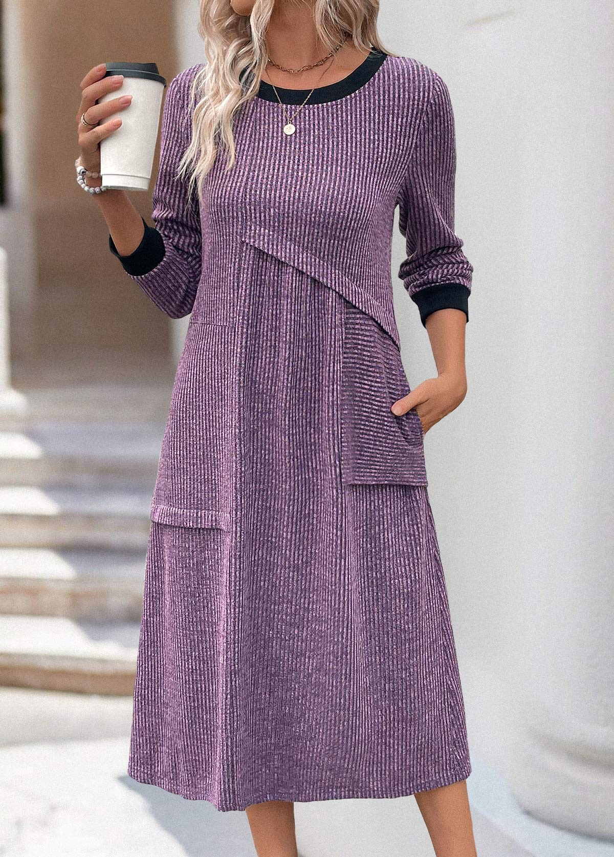 Dusty Purple Tummy Coverage Long Sleeve Round Neck Dress | picture 
