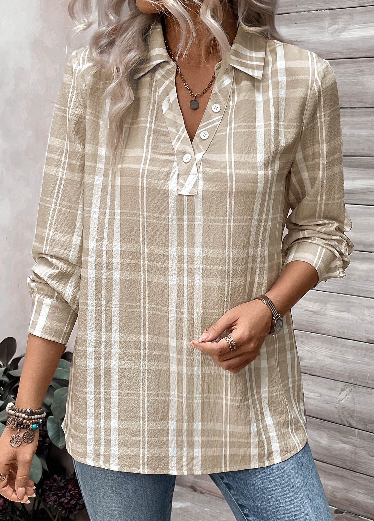 Light Coffee Button Plaid Long Sleeve Shirt Collar Blouse | picture 