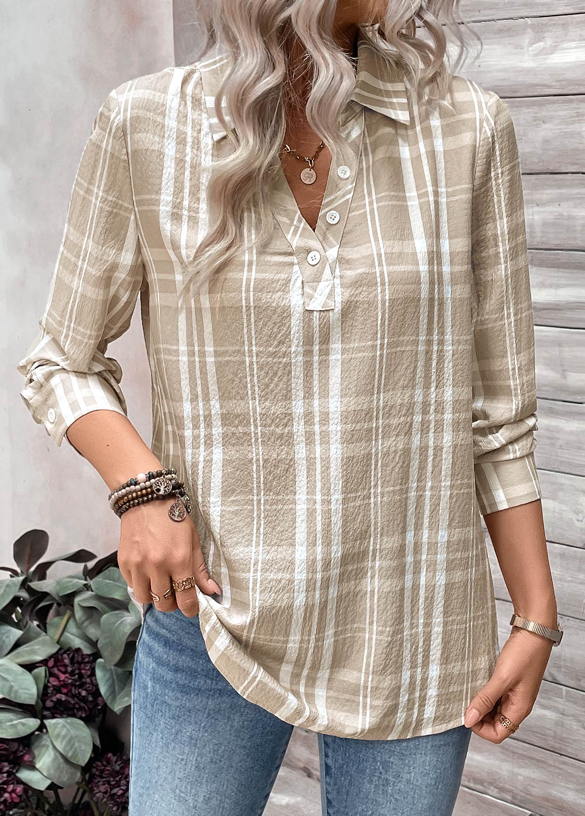 Light Coffee Button Plaid Long Sleeve Shirt Collar Blouse | picture 