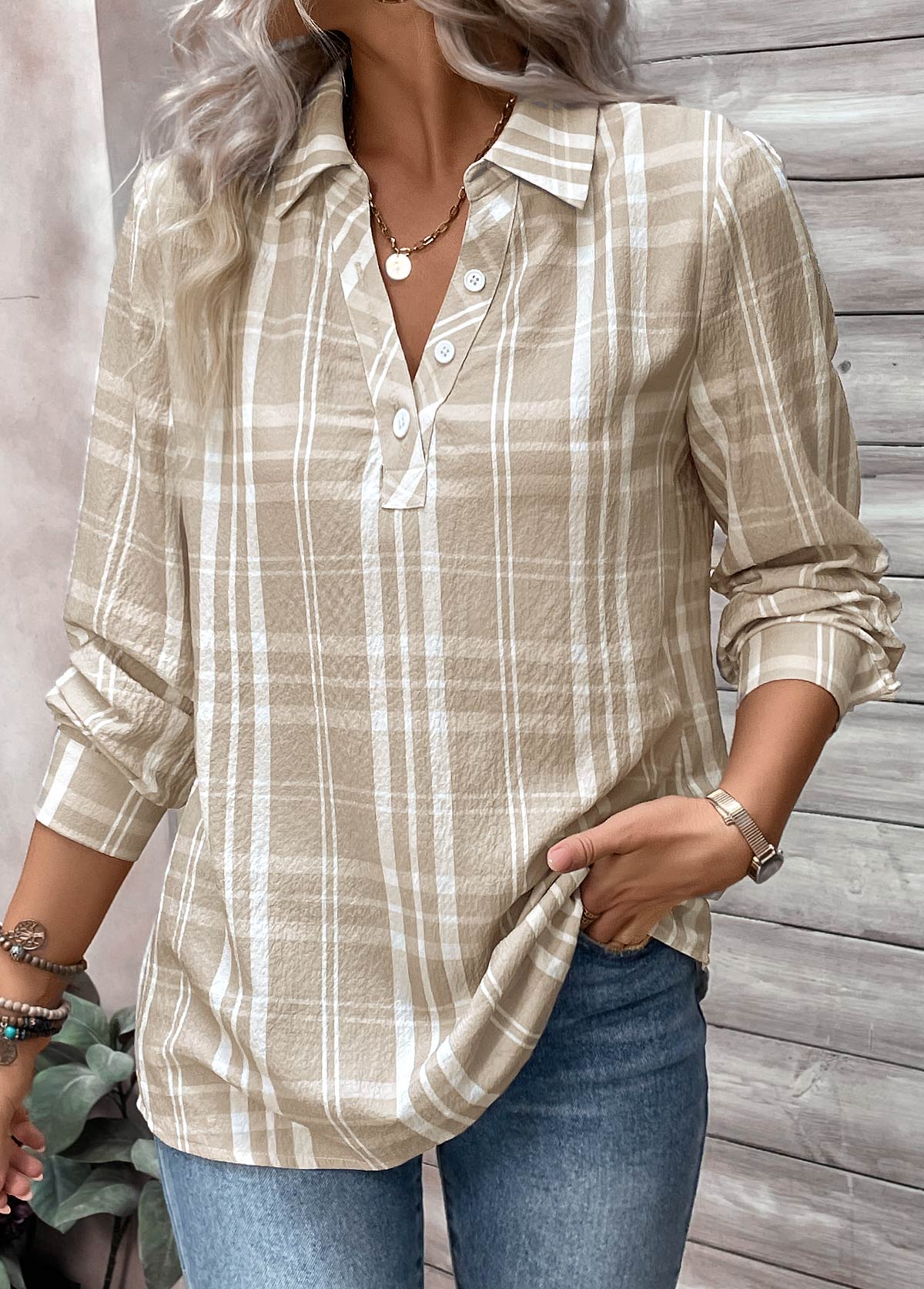 Light Coffee Button Plaid Long Sleeve Shirt Collar Blouse | picture 