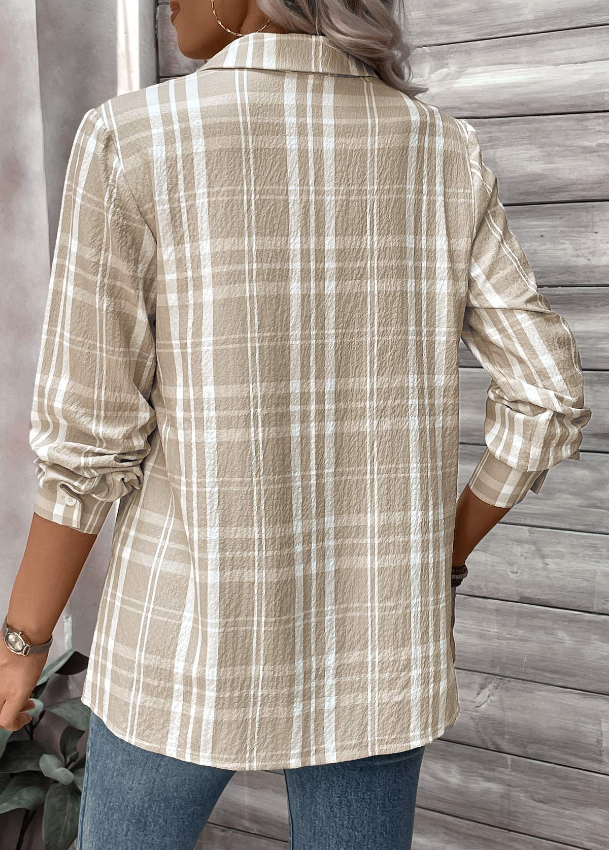 Light Coffee Button Plaid Long Sleeve Shirt Collar Blouse | picture 
