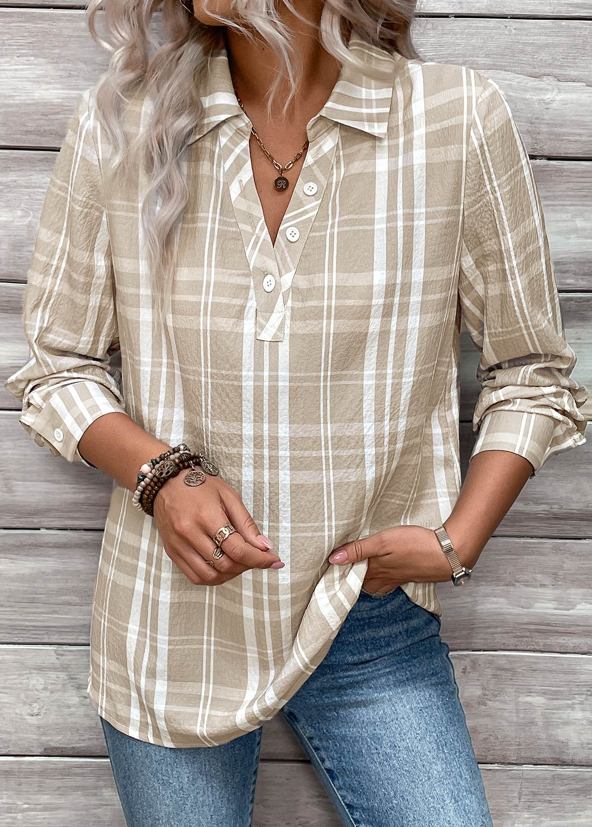 Light Coffee Button Plaid Long Sleeve Shirt Collar Blouse | picture 