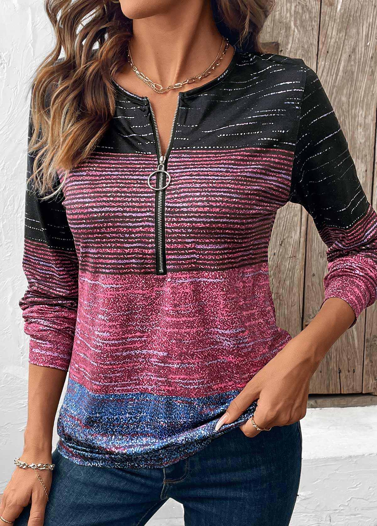 Multi Color Zipper Long Sleeve Round Neck Sweatshirt | picture 