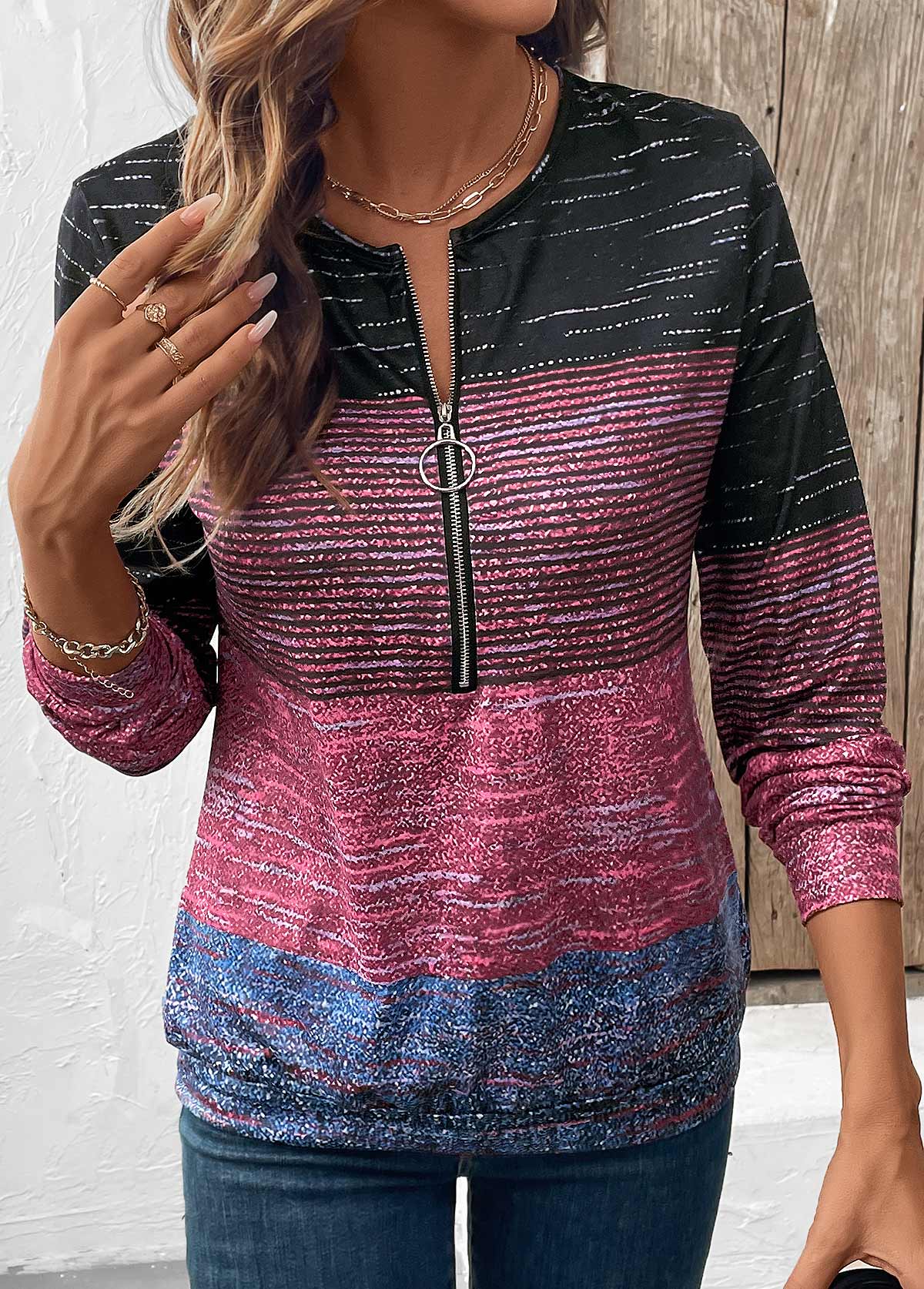 Multi Color Zipper Long Sleeve Round Neck Sweatshirt | picture 