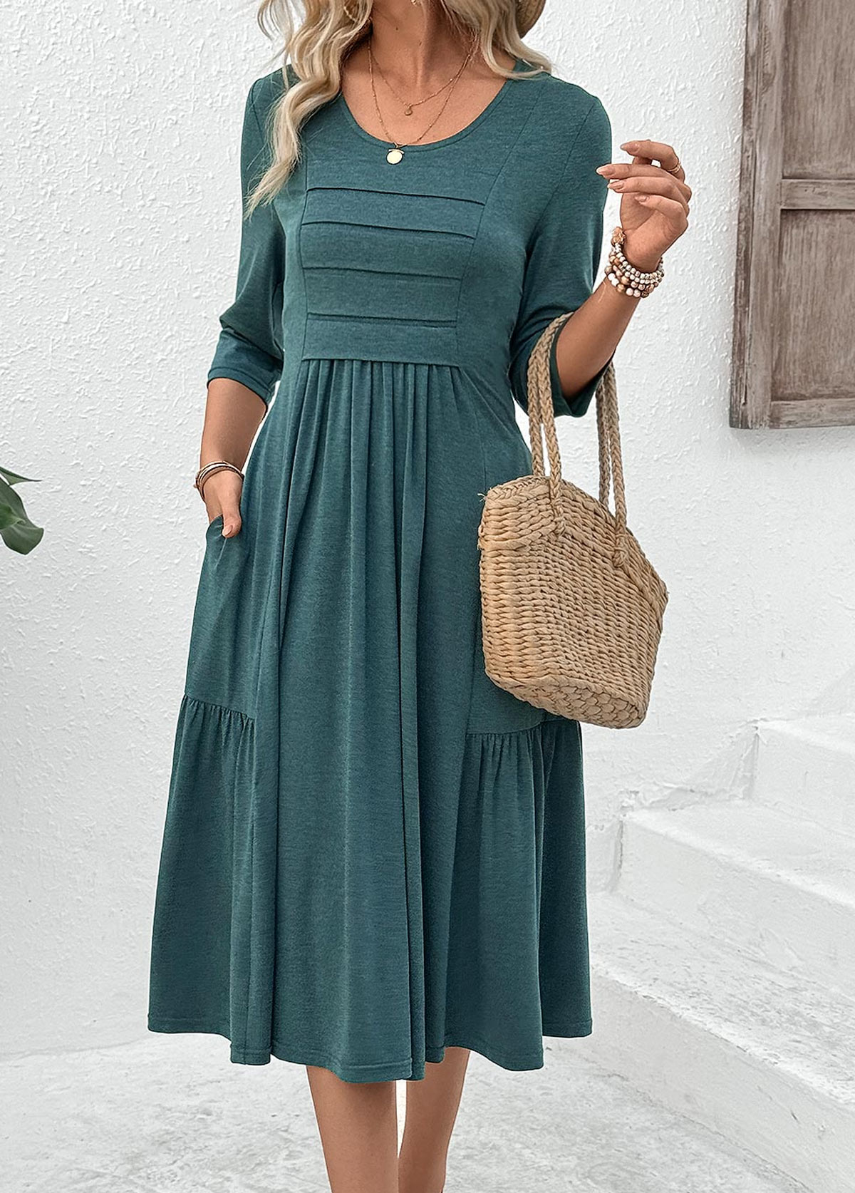 Turquoise Zipper 3/4 Sleeve Round Neck Dress | picture 