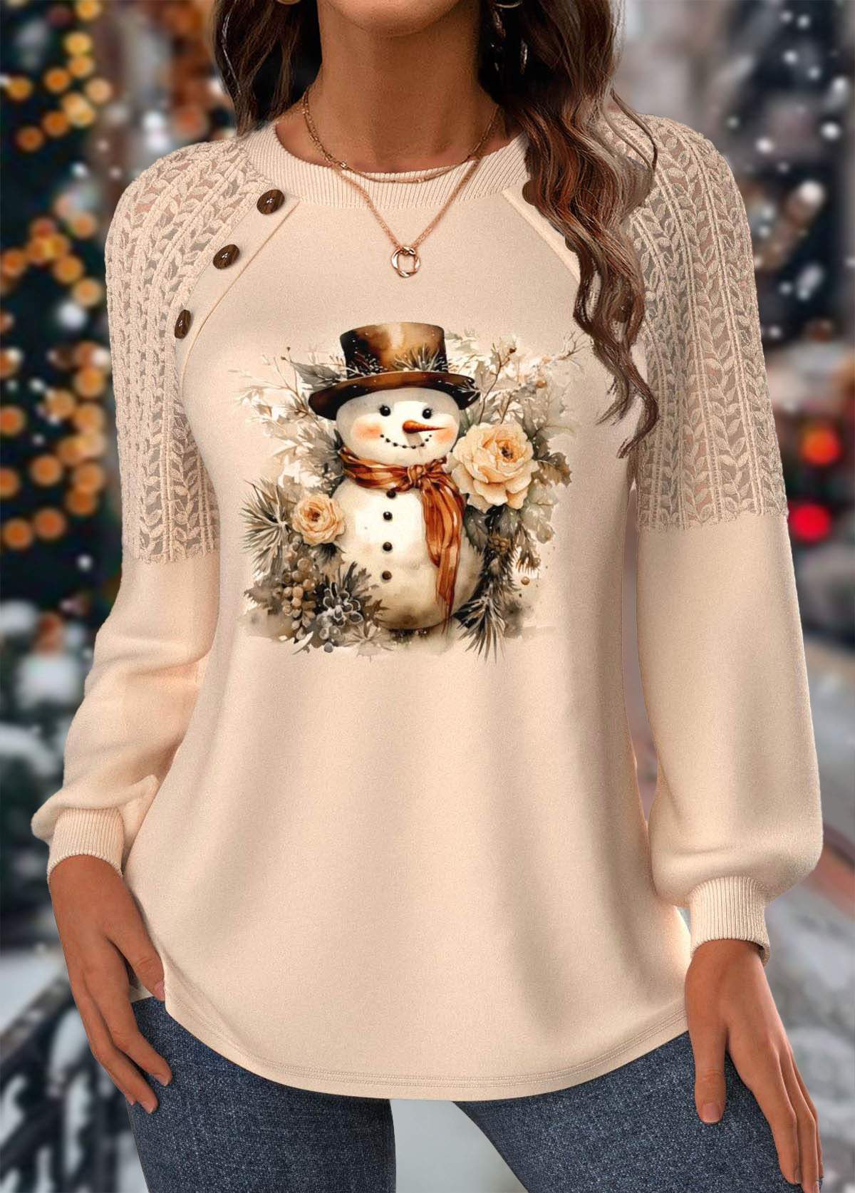Christmas Skin Color Lace Long Sleeve Round Neck Sweatshirt | picture 