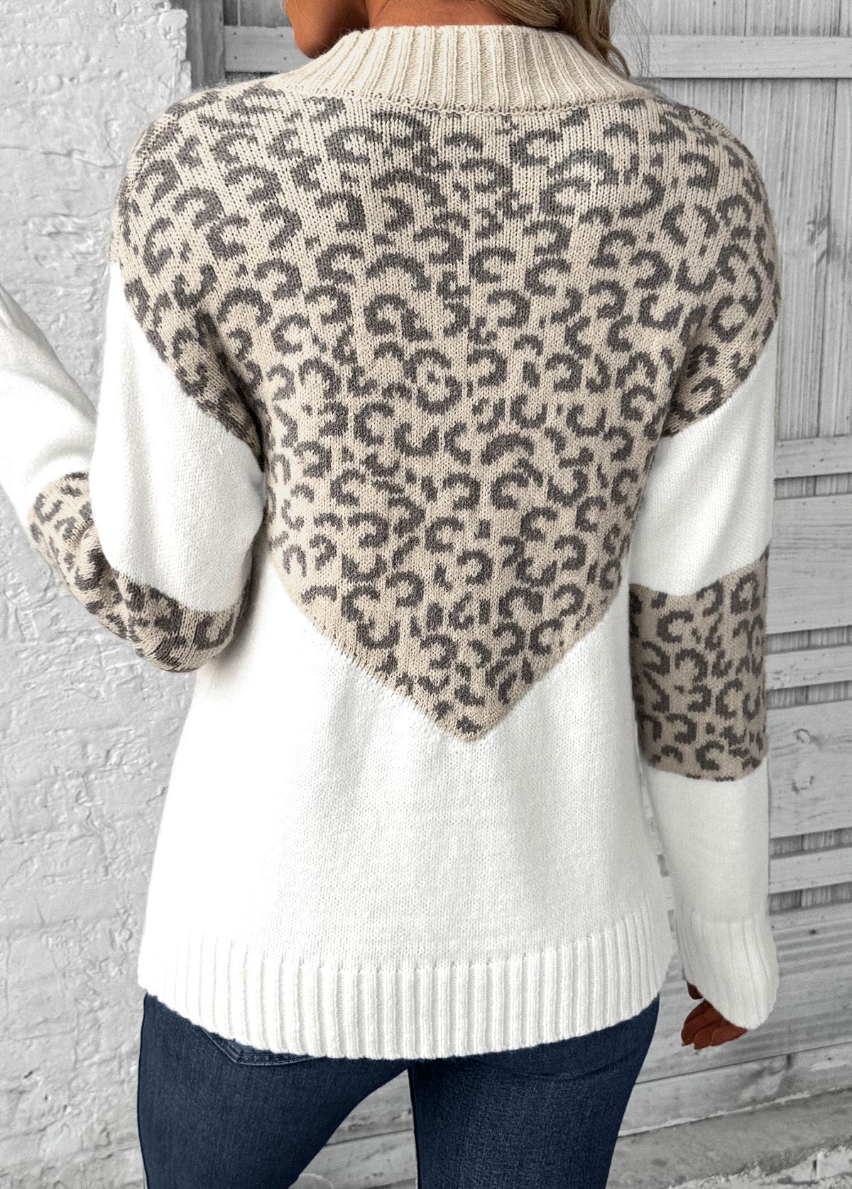 Light Camel Patchwork Leopard Long Sleeve V Neck Sweater | picture 