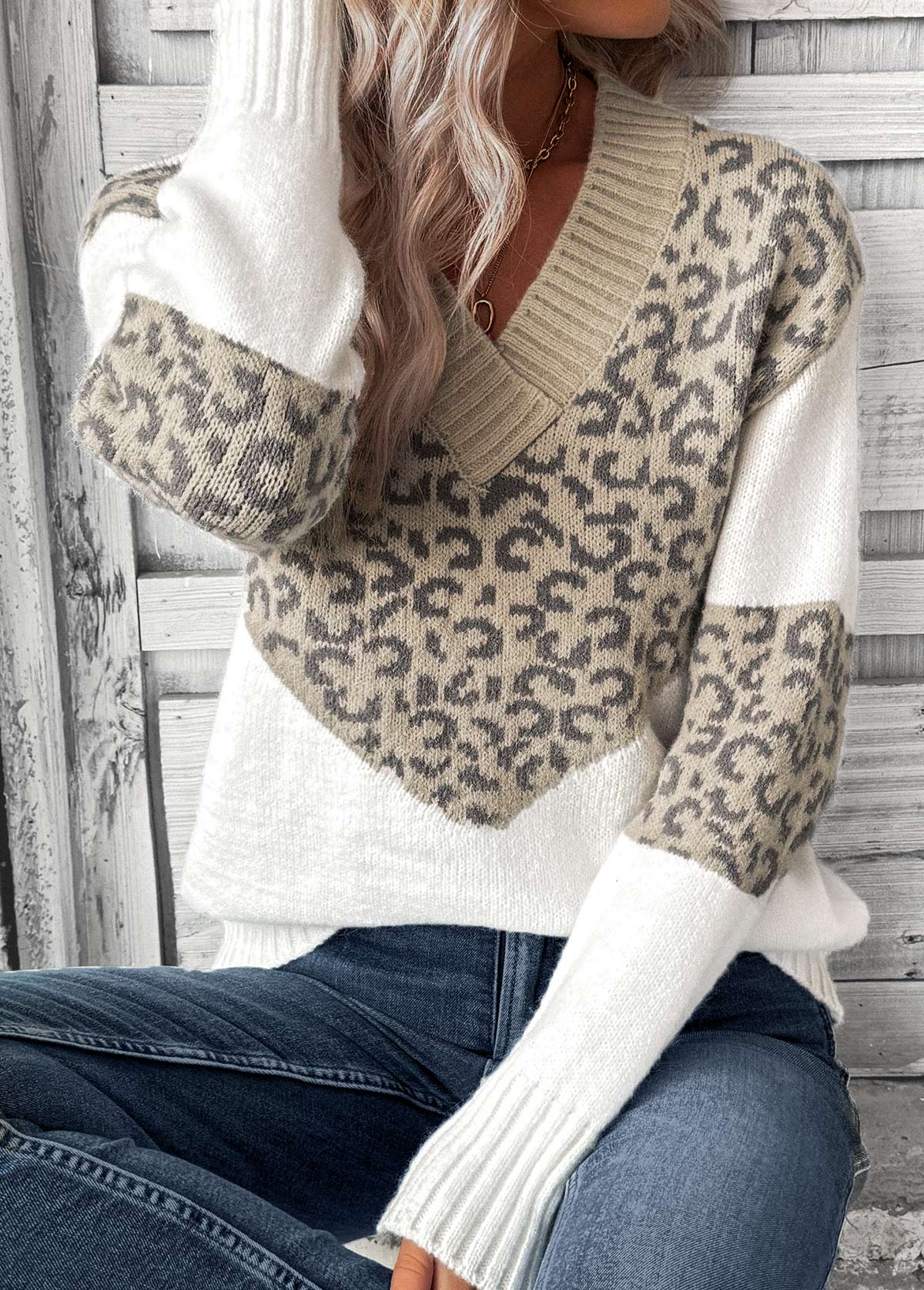 Light Camel Patchwork Leopard Long Sleeve V Neck Sweater | picture 