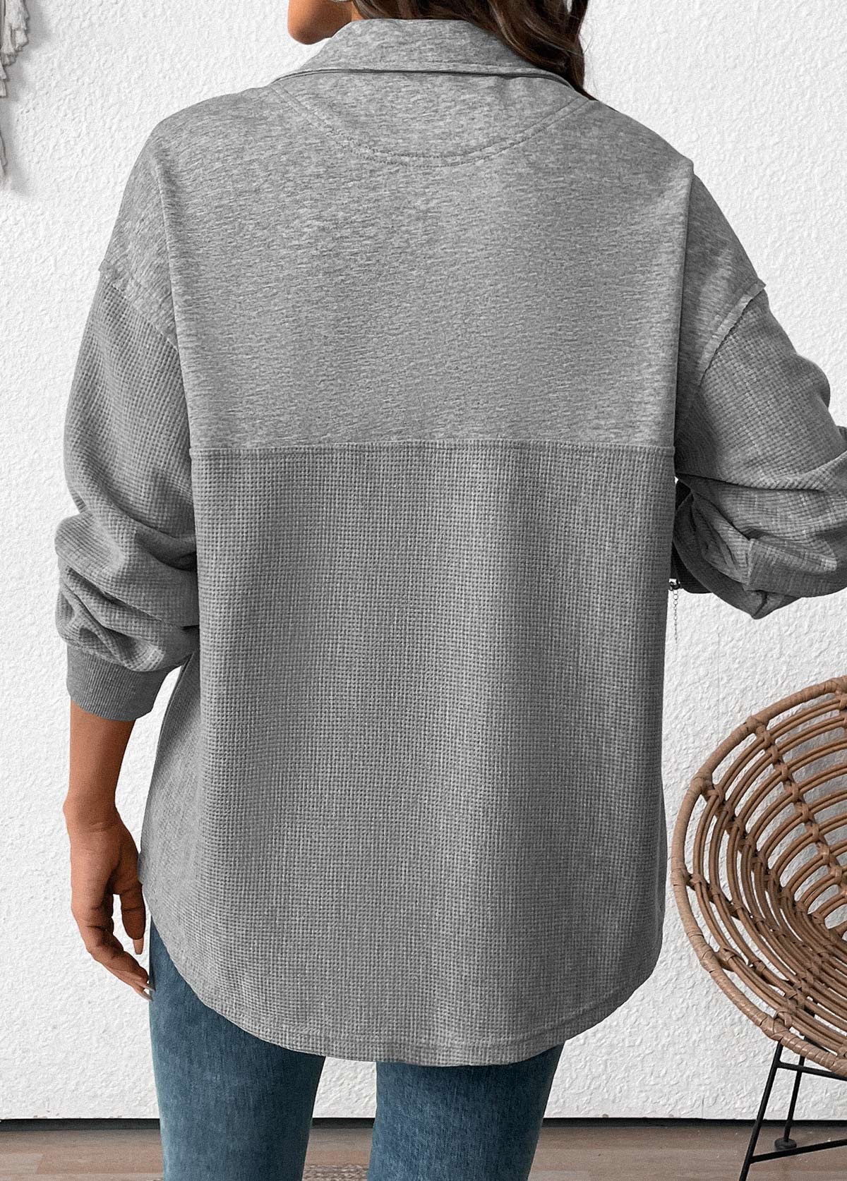 Grey Tummy Coverage Long Sleeve Turn Down Collar Sweatshirt | picture 