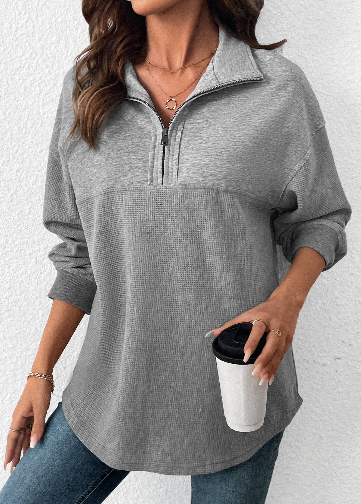 Grey Tummy Coverage Long Sleeve Turn Down Collar Sweatshirt | picture 