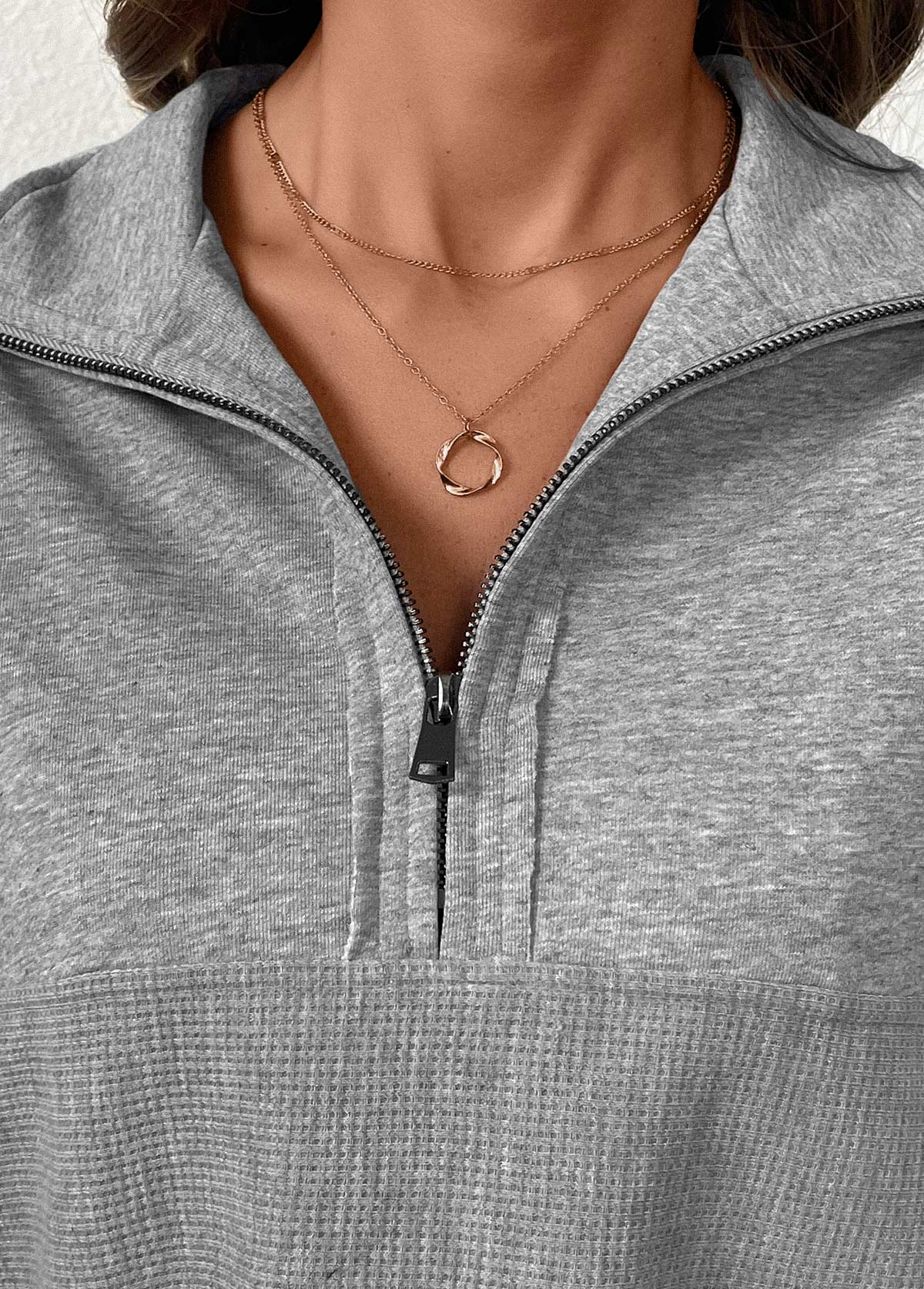 Grey Tummy Coverage Long Sleeve Turn Down Collar Sweatshirt | picture 