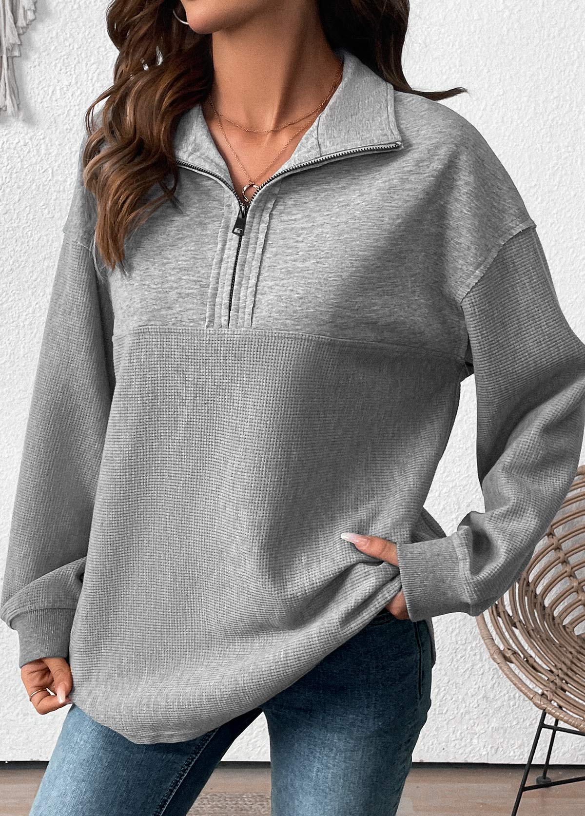 Grey Tummy Coverage Long Sleeve Turn Down Collar Sweatshirt | picture 