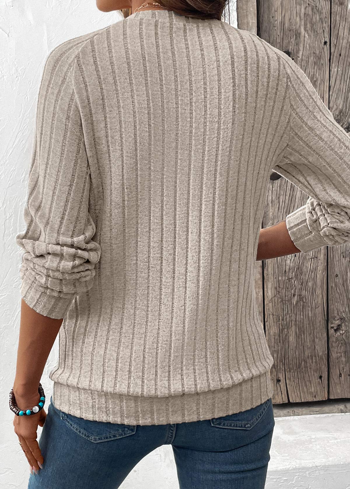 Light Coffee Patchwork Long Sleeve Round Neck Sweatshirt | picture 