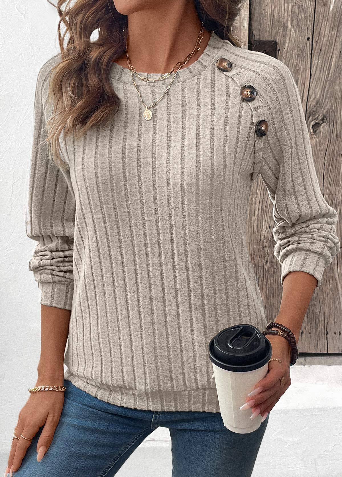 Light Coffee Patchwork Long Sleeve Round Neck Sweatshirt | picture 