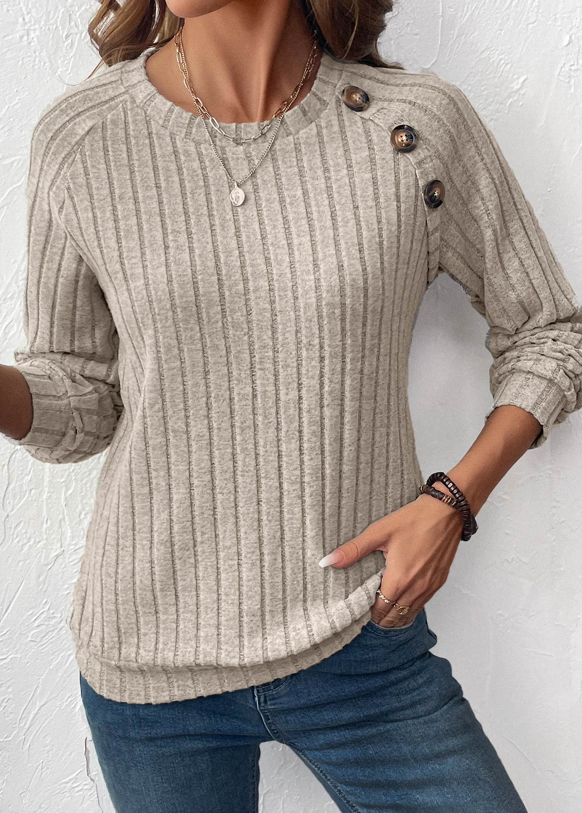 Light Coffee Patchwork Long Sleeve Round Neck Sweatshirt | picture 