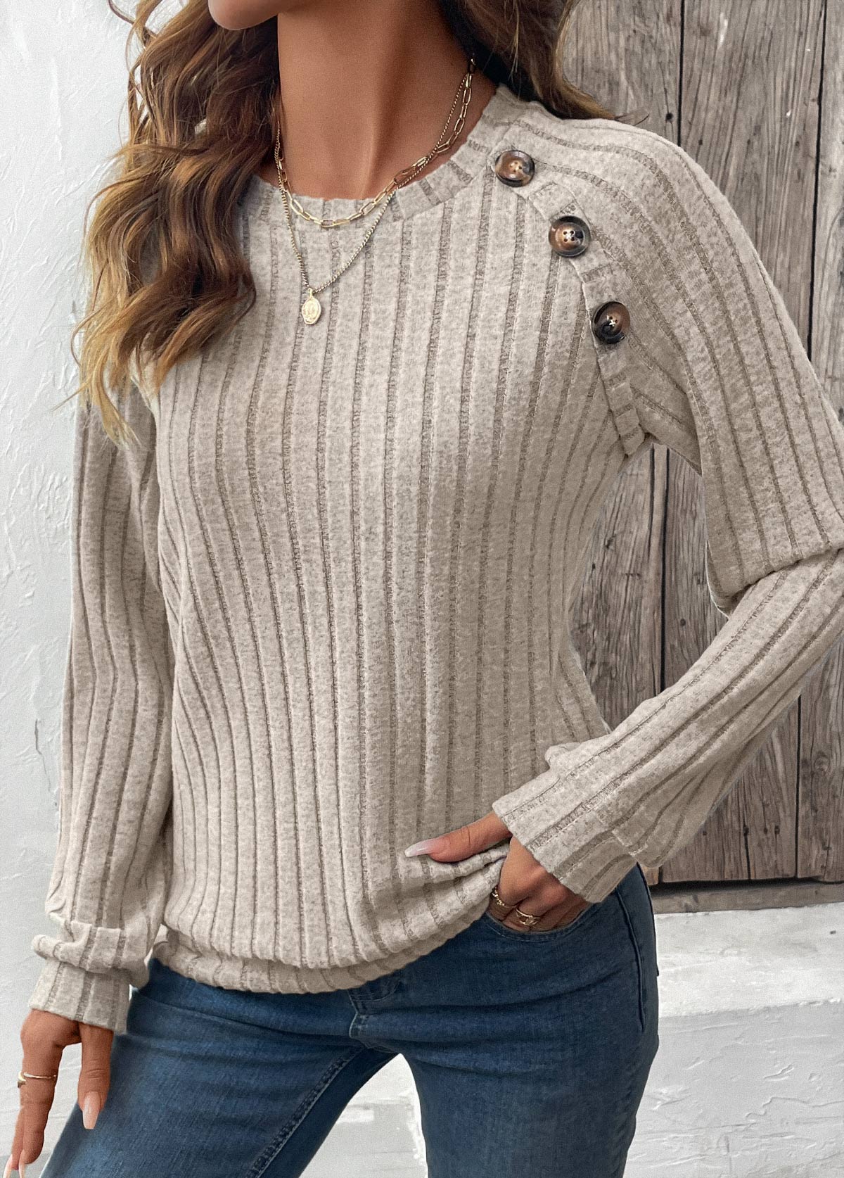 Light Coffee Patchwork Long Sleeve Round Neck Sweatshirt | picture 