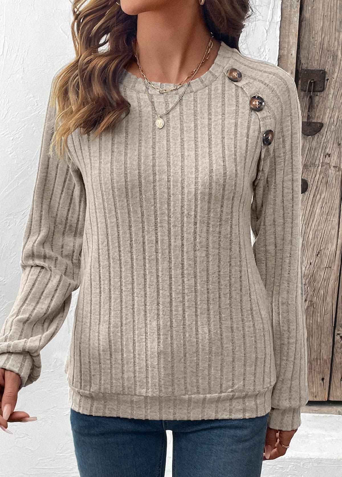 Light Coffee Patchwork Long Sleeve Round Neck Sweatshirt | picture 