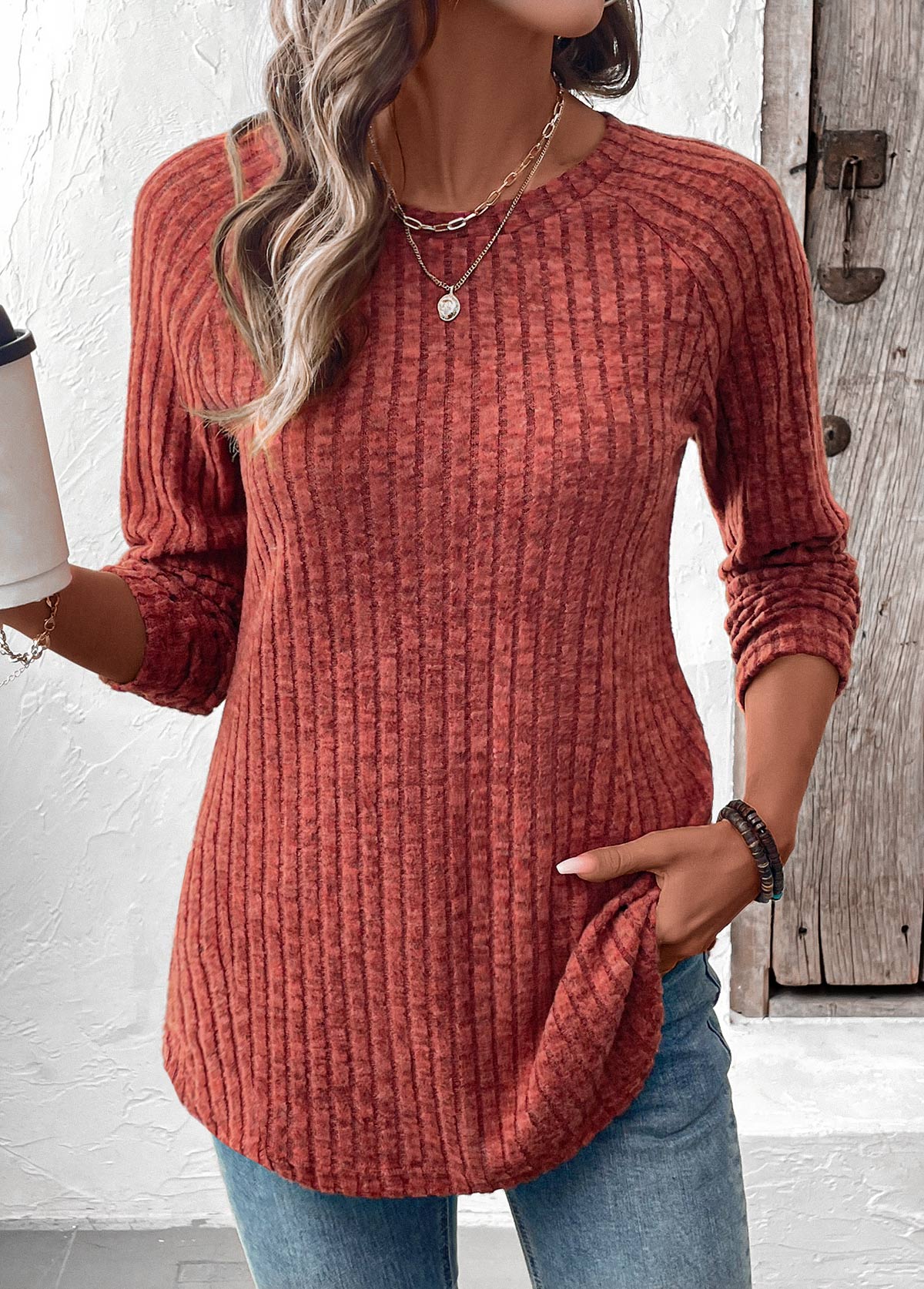 Brick Red Curved Hem Long Sleeve T Shirt | picture 