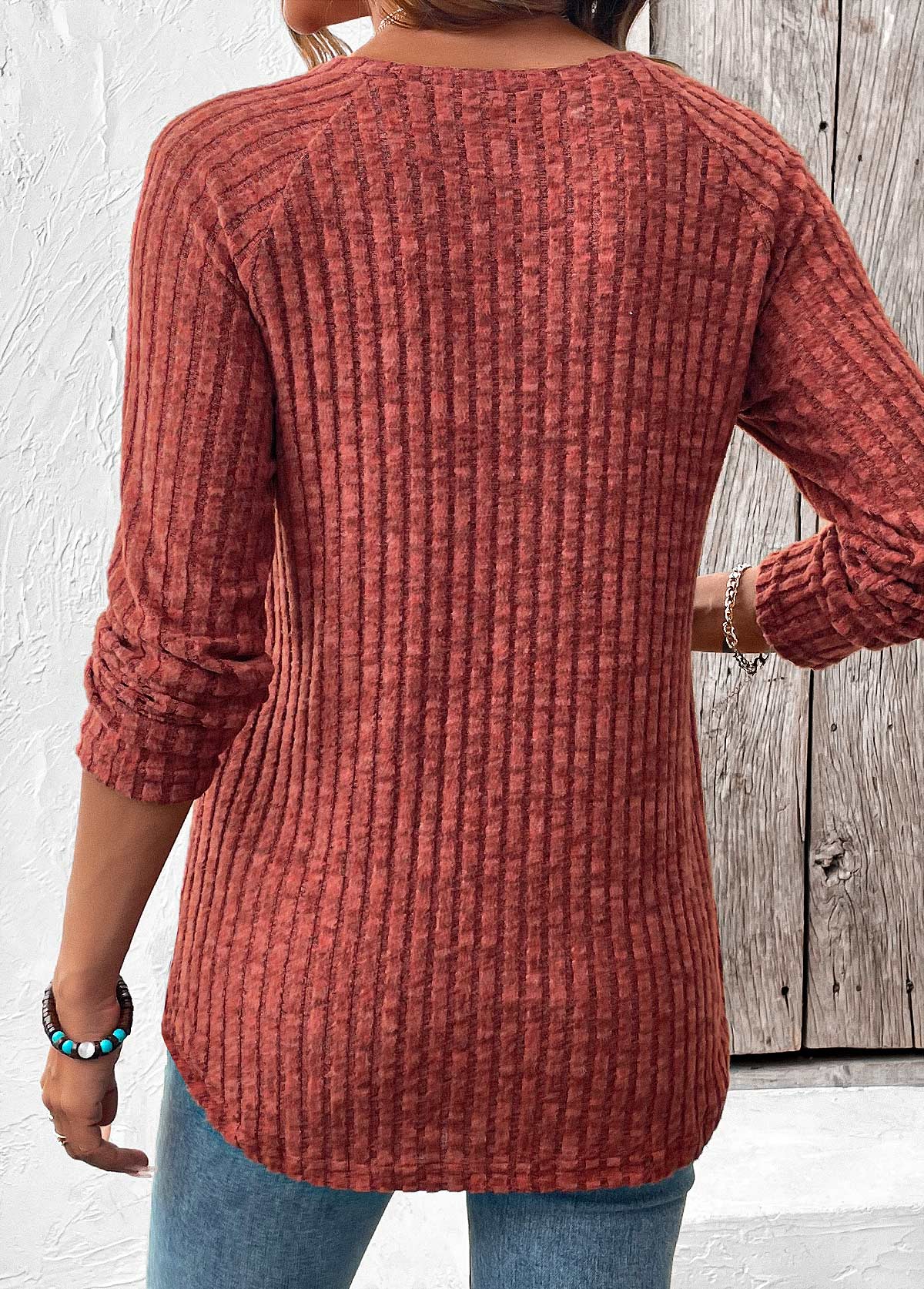 Brick Red Curved Hem Long Sleeve T Shirt | picture 