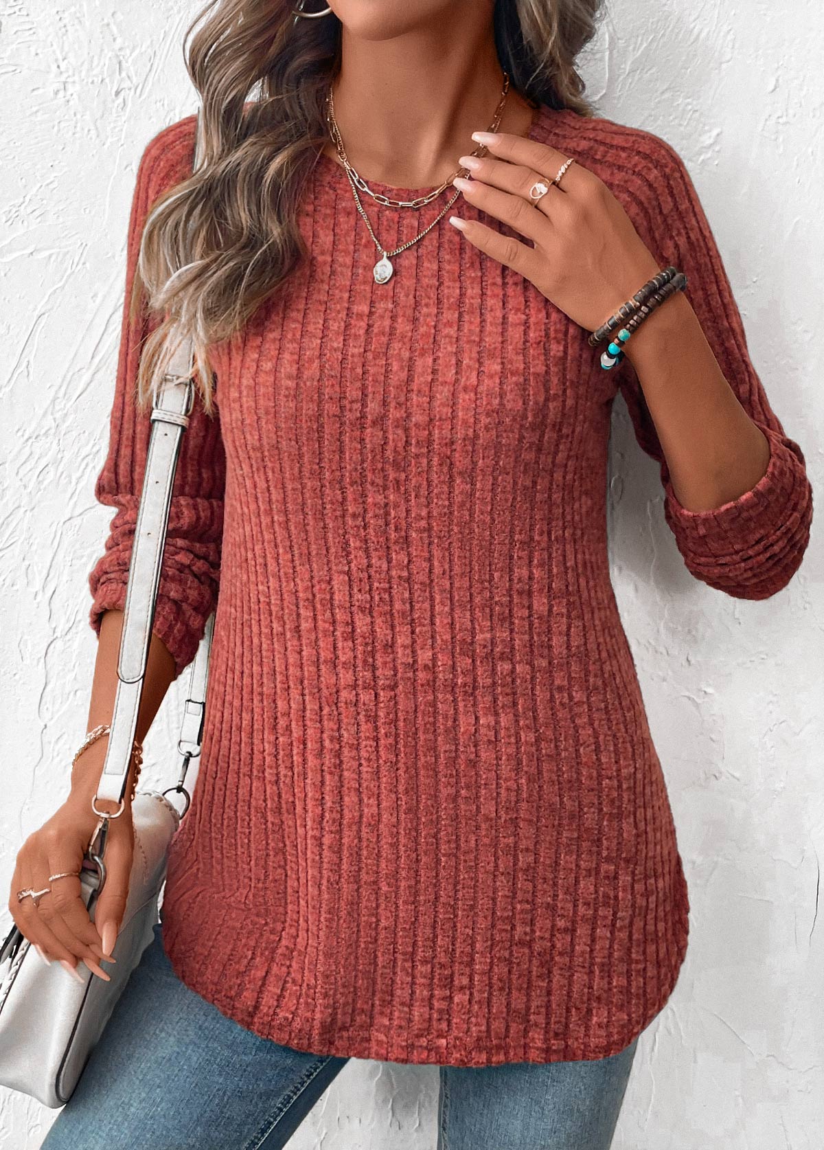 Brick Red Curved Hem Long Sleeve T Shirt | picture 