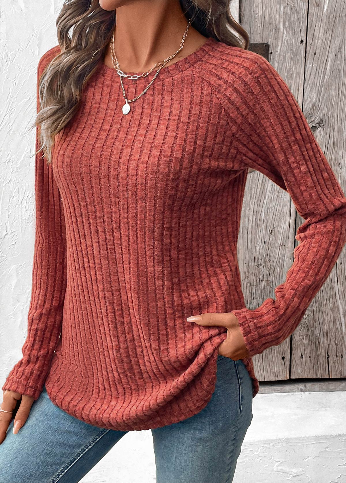 Brick Red Curved Hem Long Sleeve T Shirt | picture 