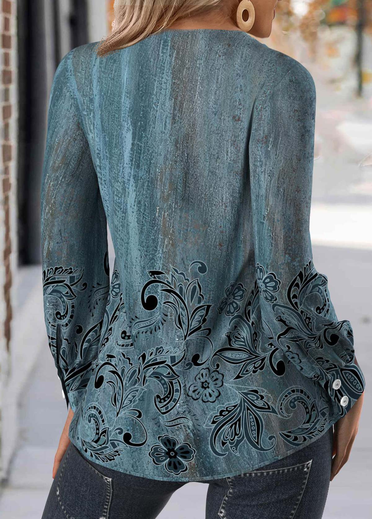 Peacock Blue Button Floral Print Long Sleeve T Shirt | picture 
