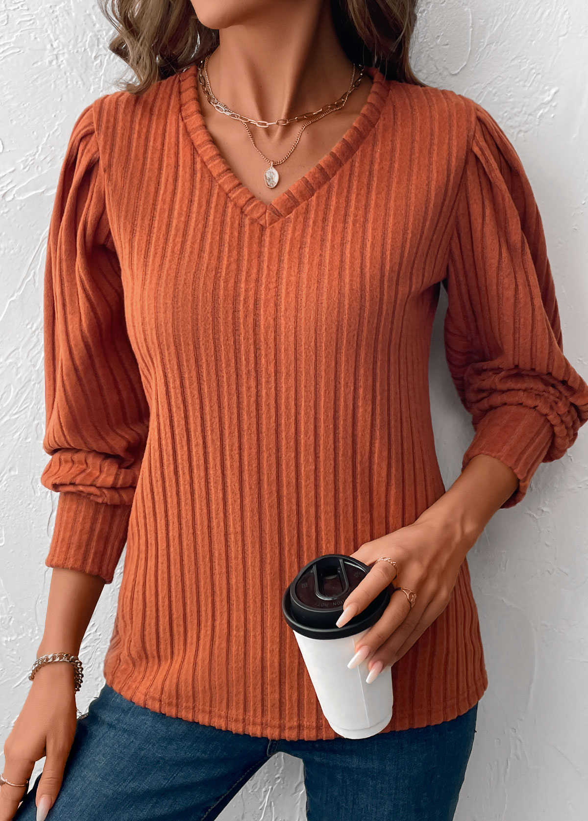 Terracotta Tummy Coverage Long Sleeve V Neck T Shirt | picture 