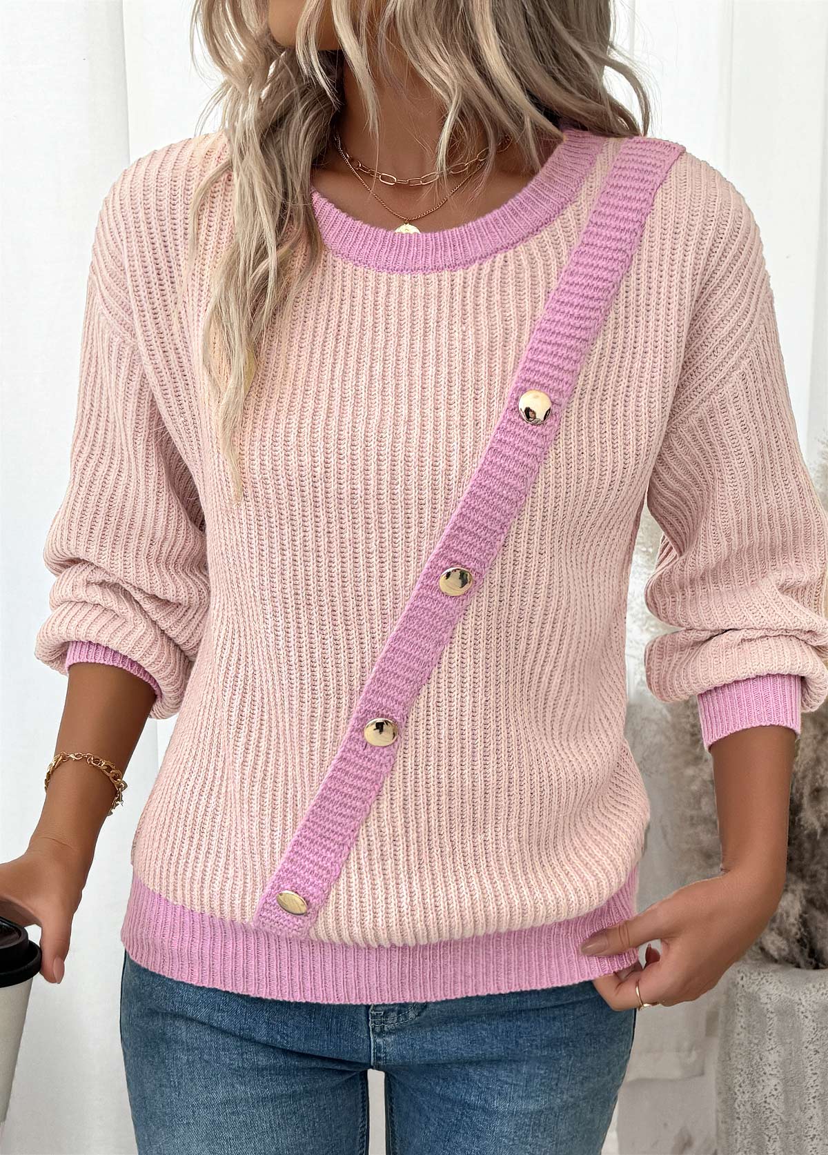 Button-Decorated Round Neck Sweater main image 1