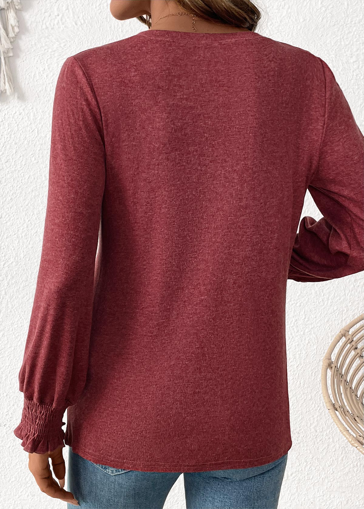 Brick Red Tuck Stitch Long Sleeve T Shirt | picture 