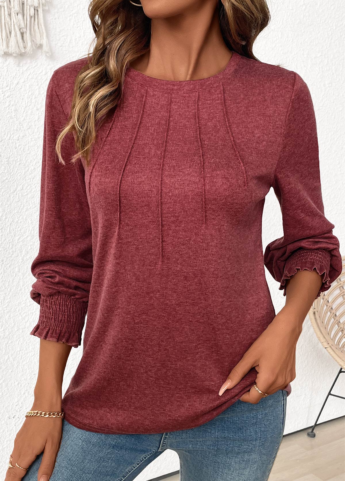 Brick Red Tuck Stitch Long Sleeve T Shirt | picture 