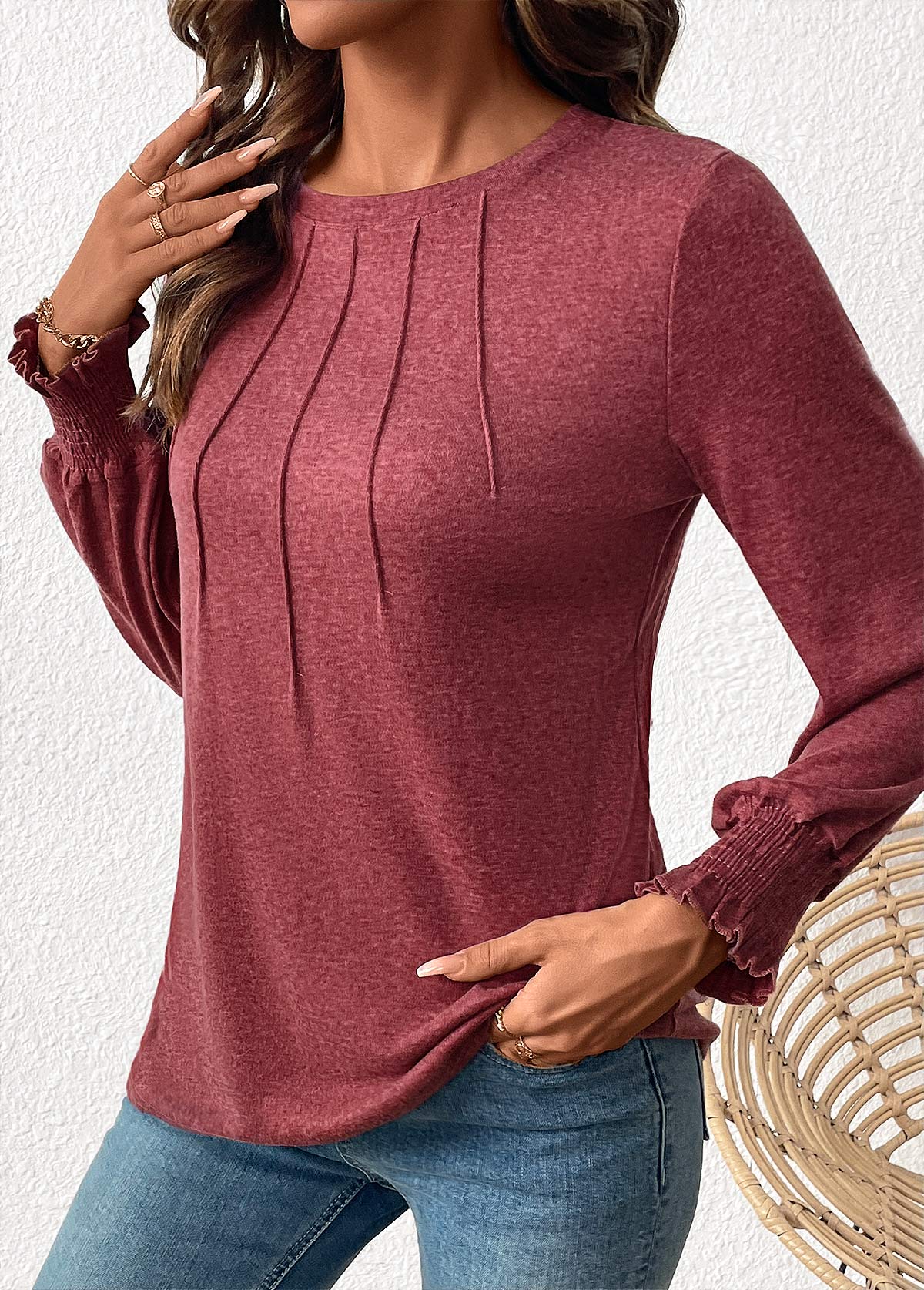 Brick Red Tuck Stitch Long Sleeve T Shirt | picture 