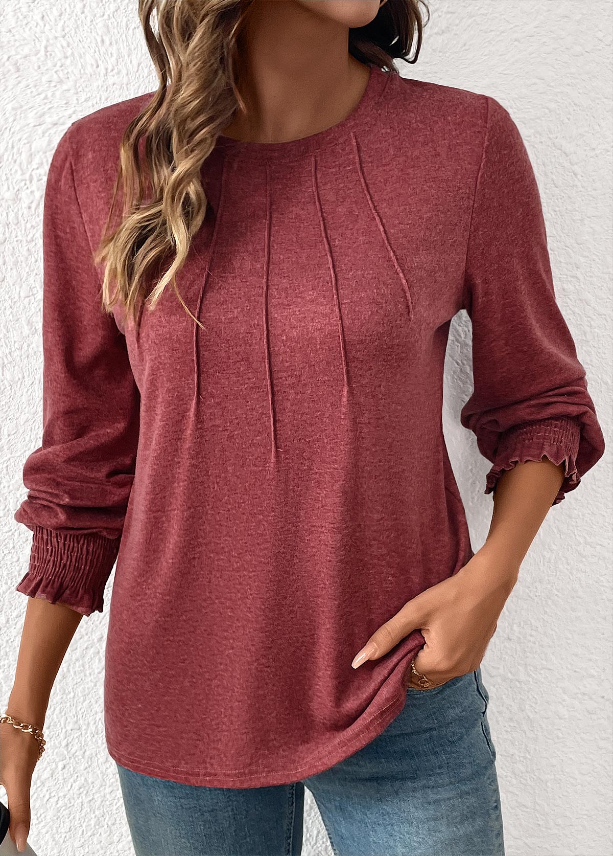 Brick Red Tuck Stitch Long Sleeve T Shirt | picture 