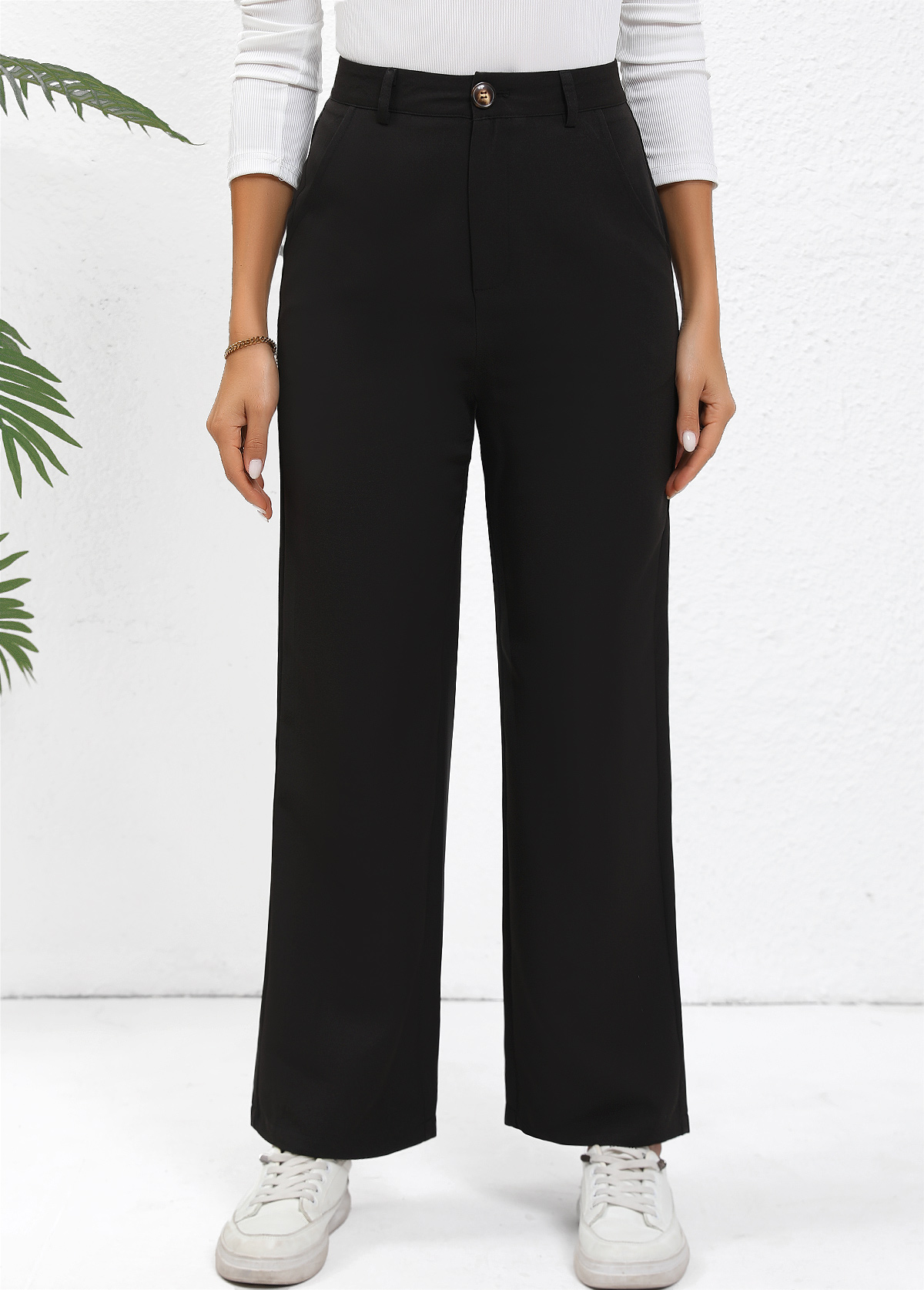 Black Button Straight Leg High Waisted Pants | picture 