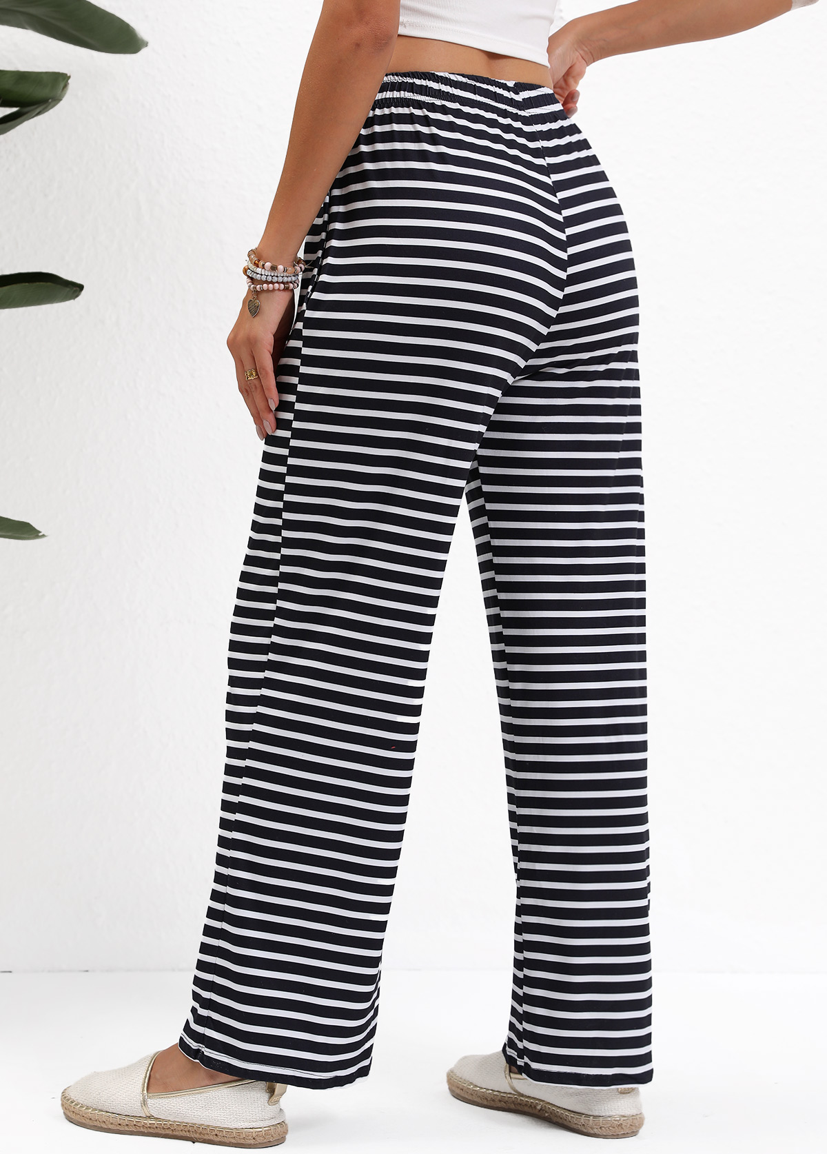 Black Pocket Striped Straight Leg Elastic Waist Pants | picture 