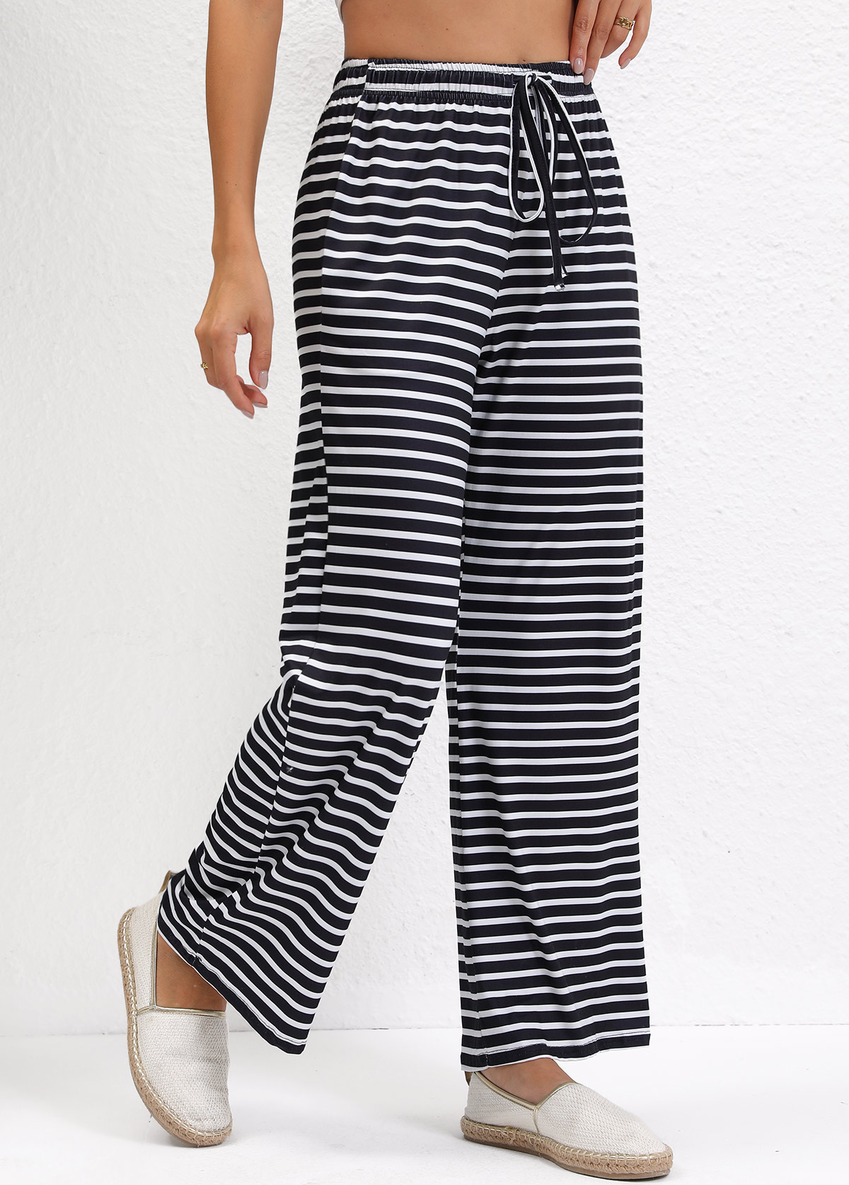 Black Pocket Striped Straight Leg Elastic Waist Pants | picture 
